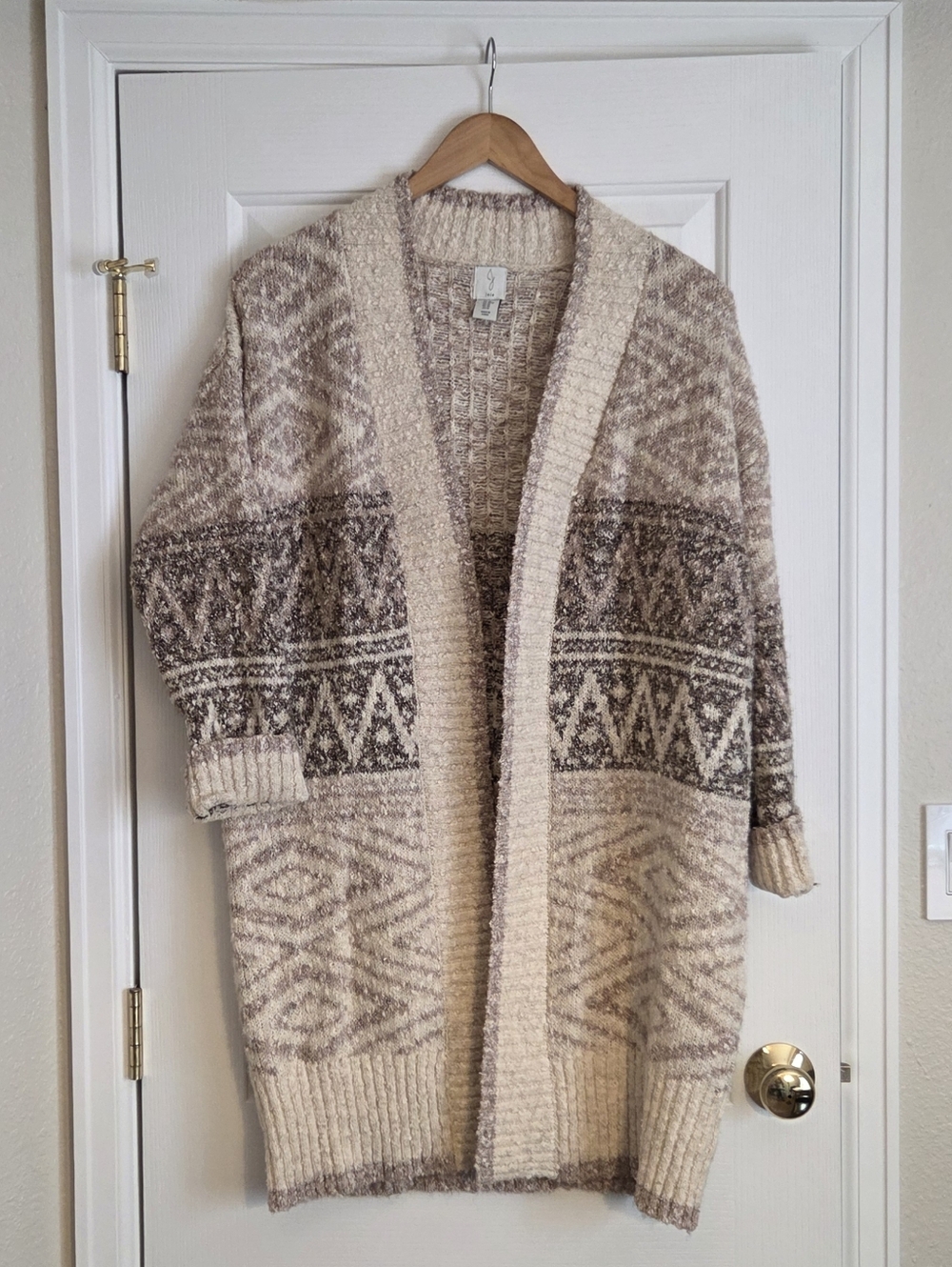 Joie Neutral Geometric Open-Front Cardigan - Cream & Brown